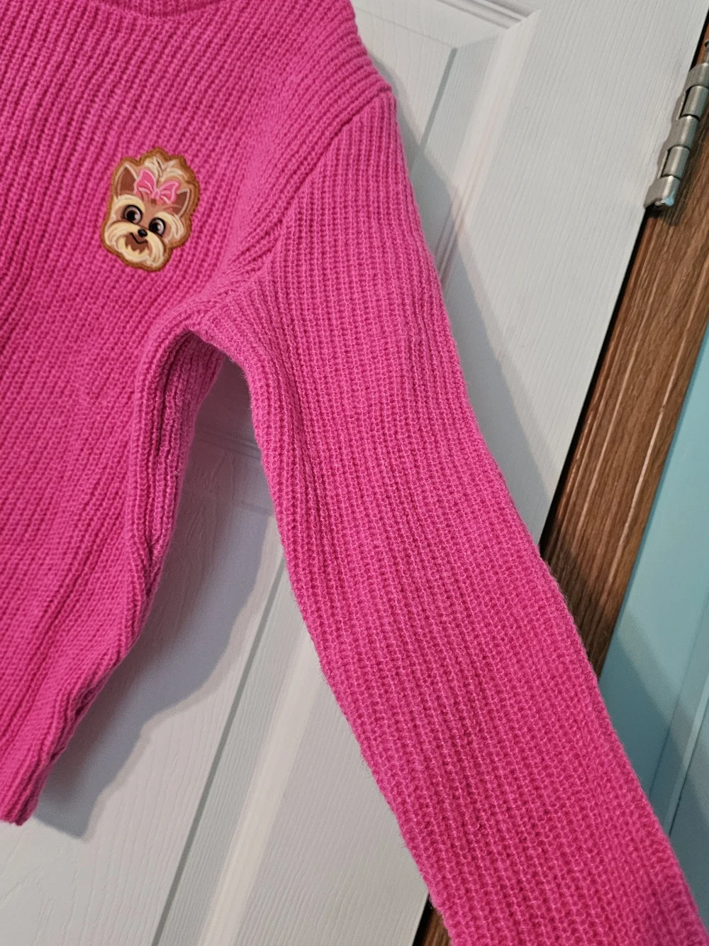JoJo Siwa Hot Pink Ribbed Crewneck Sweater with Dog Patch
